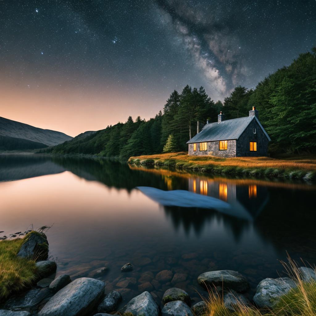 Loch cottage night Nature by @ai_generated