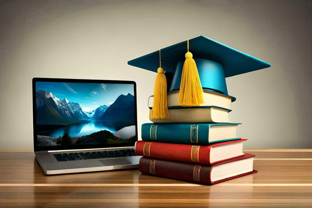 Laptop with graduation hat and books. Education concept AI Generate Stock Free