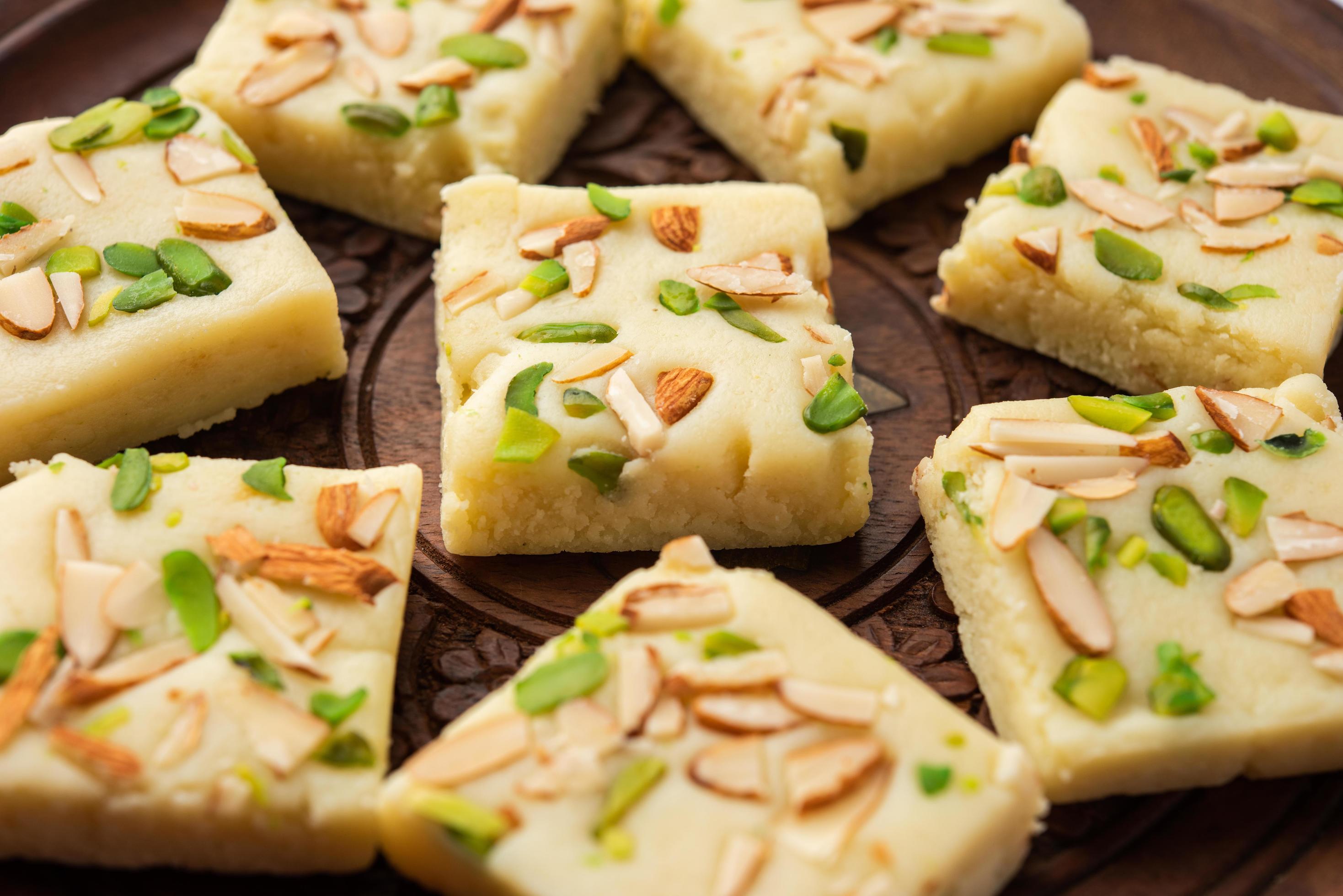 Milk powder barfi also known as Mava burfi, white Khoya burfi or Barfee, Indian Sweet food Stock Free