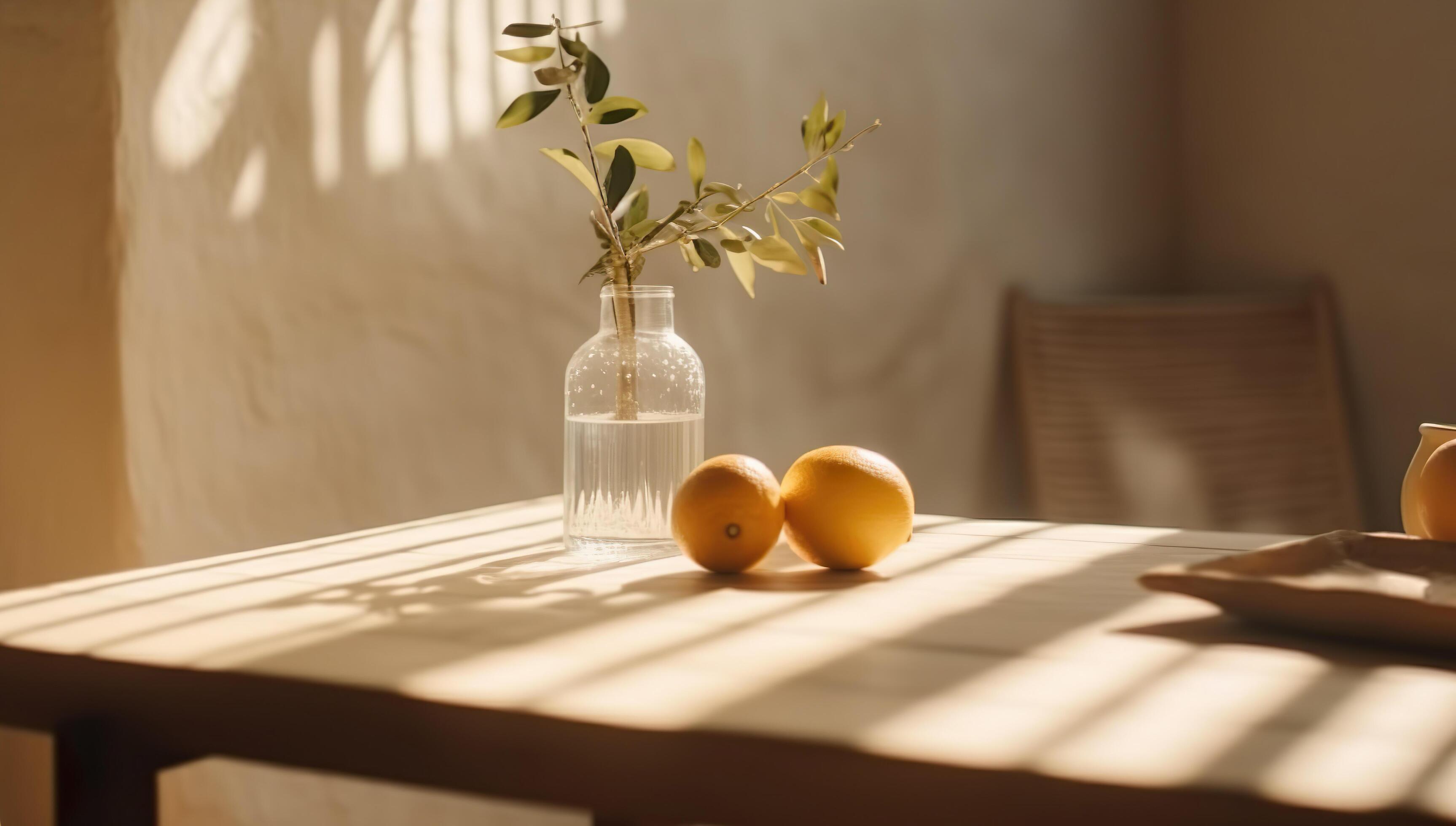 Modern interior lifestyle Mediterranean in summer scene, plant with fruit on table with light and shadow in dining room, Stock Free