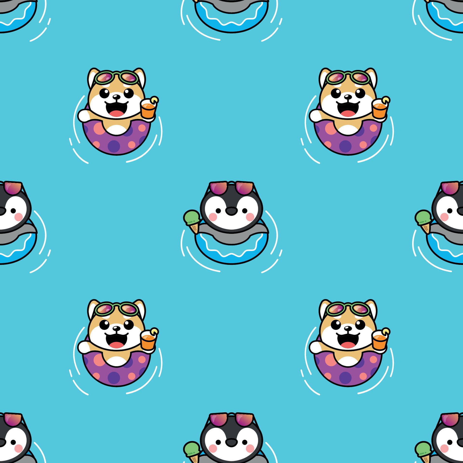 CUTE SHIBA DOG AND PENGUIN IS SWIMMING WITH RUBBER RING SEAMLESS PATTERN Free Vector