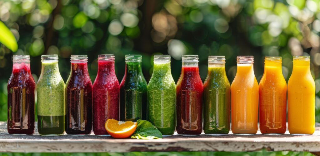 Colorful Glass Bottles of Juice Lined Up on Wooden Table With Green Plants in Background Stock Free