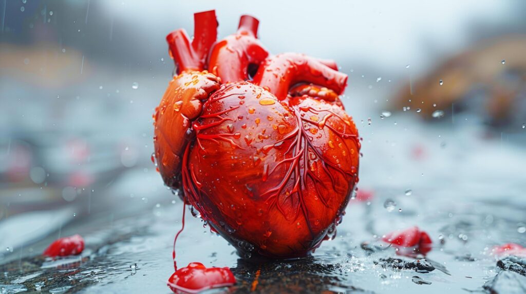 Red heart model with blood and dew droplet in the rainy season for motivation and volitation hope. AI-Generated Free Photo