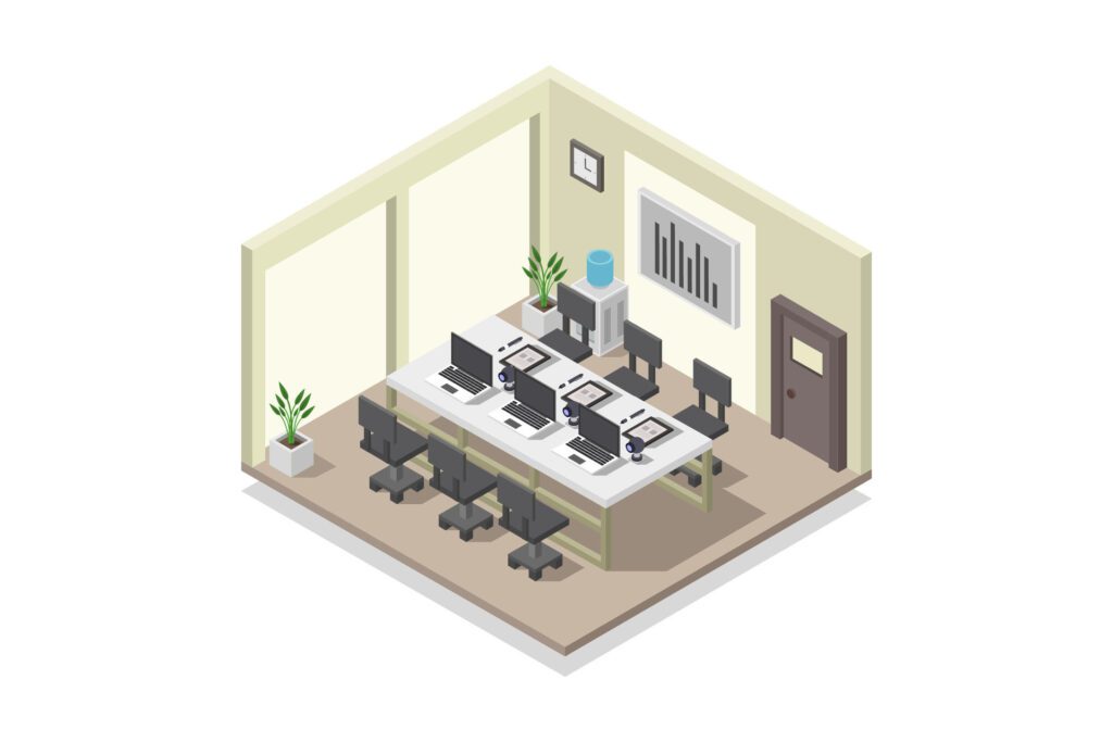 Isometric conference room illustrated on white background Free Vector