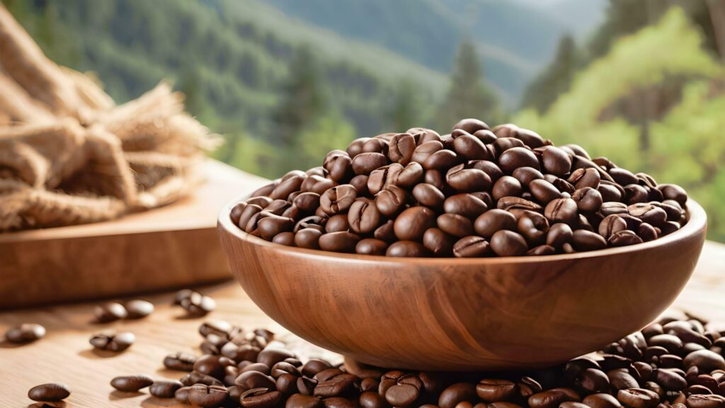 Coffee beans in wooden bow and drops around the bow on wooden table Free Photo