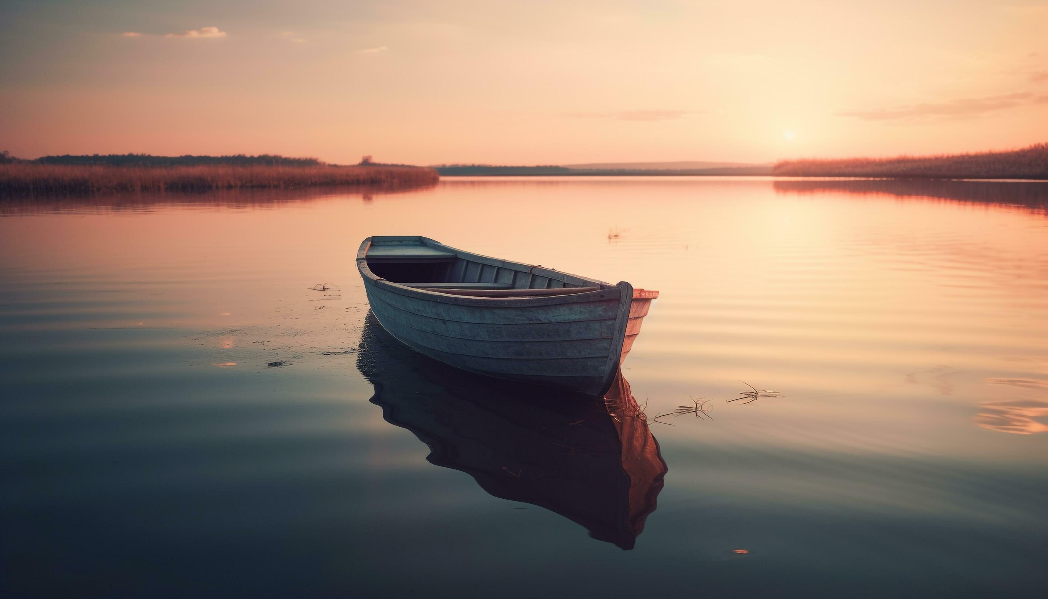 Tranquil sunset on water, rowboat transportation home generated by AI Stock Free