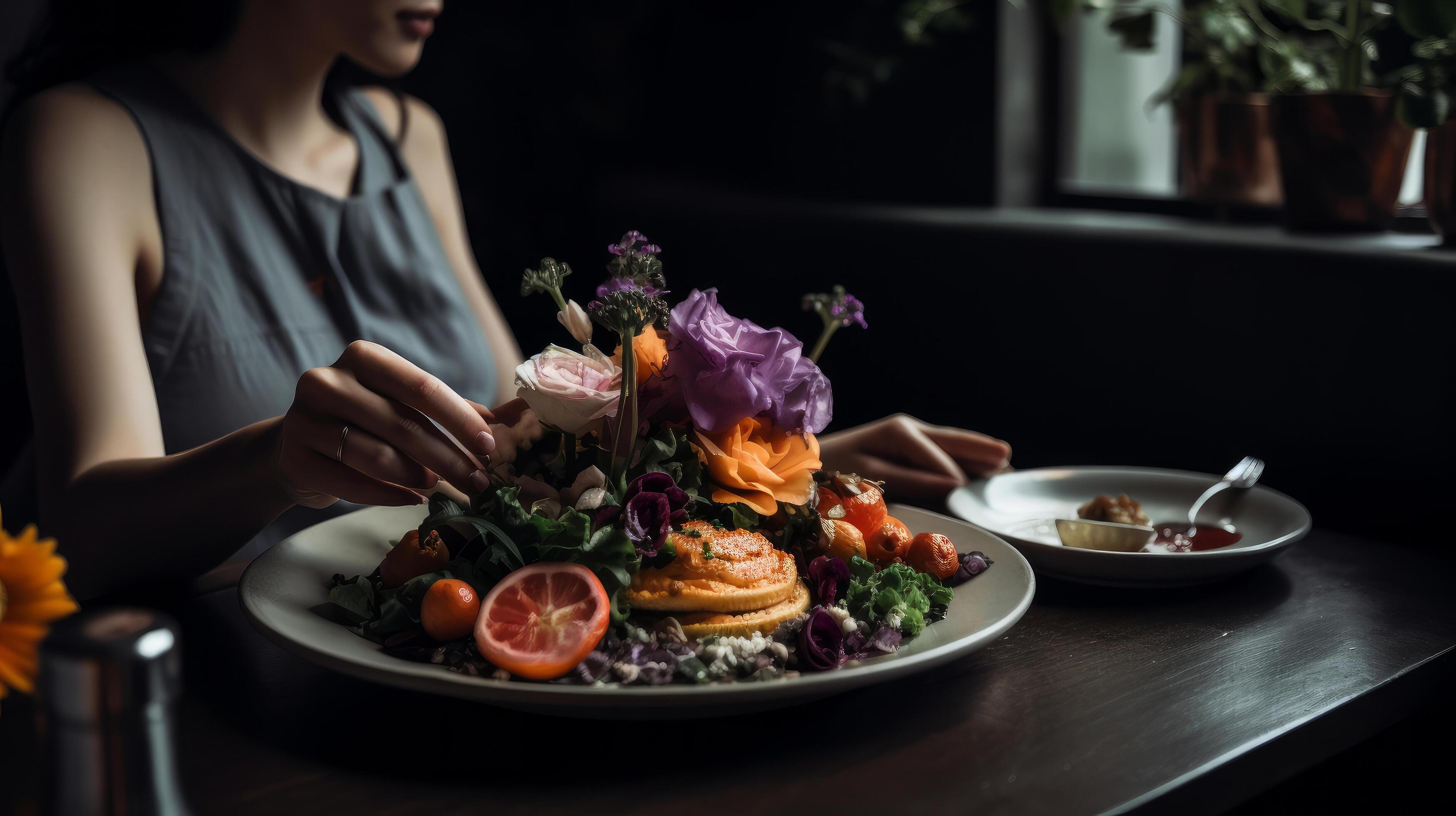 Woman sitting with flower bouquet by food on dining table Illustration Stock Free