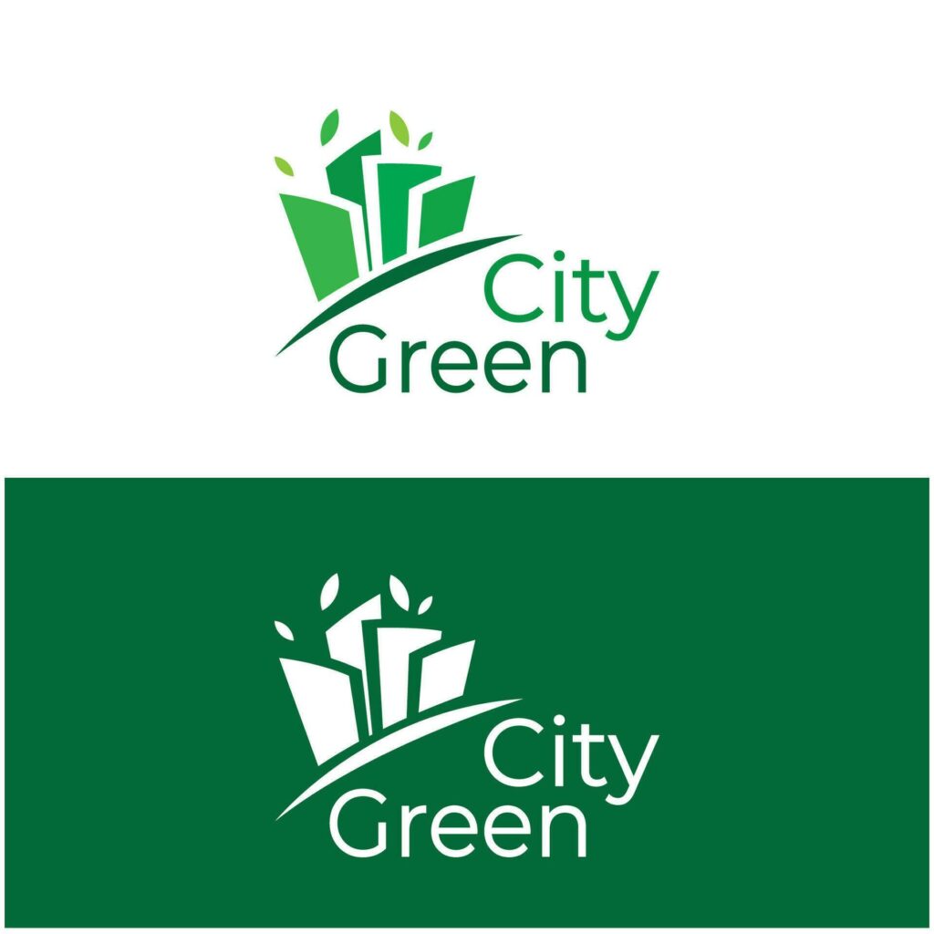 green and healthy modern city with leaf logo design for business, property, building, eco city, future city, architect, environmentally friendly Stock Free