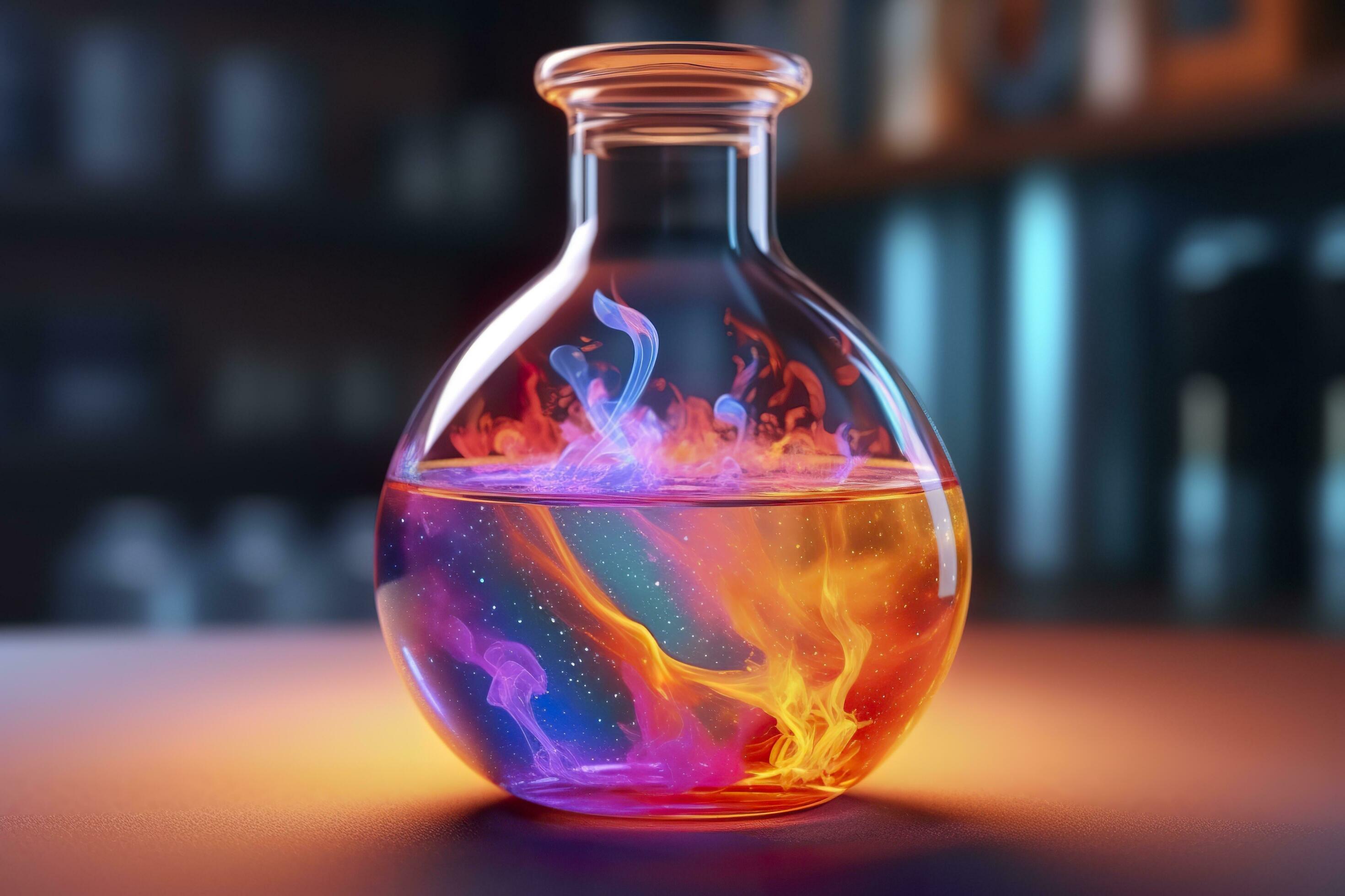 Close Up of a Science Beaker Filled with Multi Colored Liquids. AI Generative Stock Free