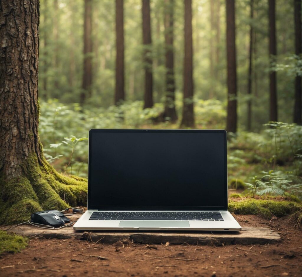 Laptop with blank screen on the forest floor. Freelance or remote work concept. Free Photo