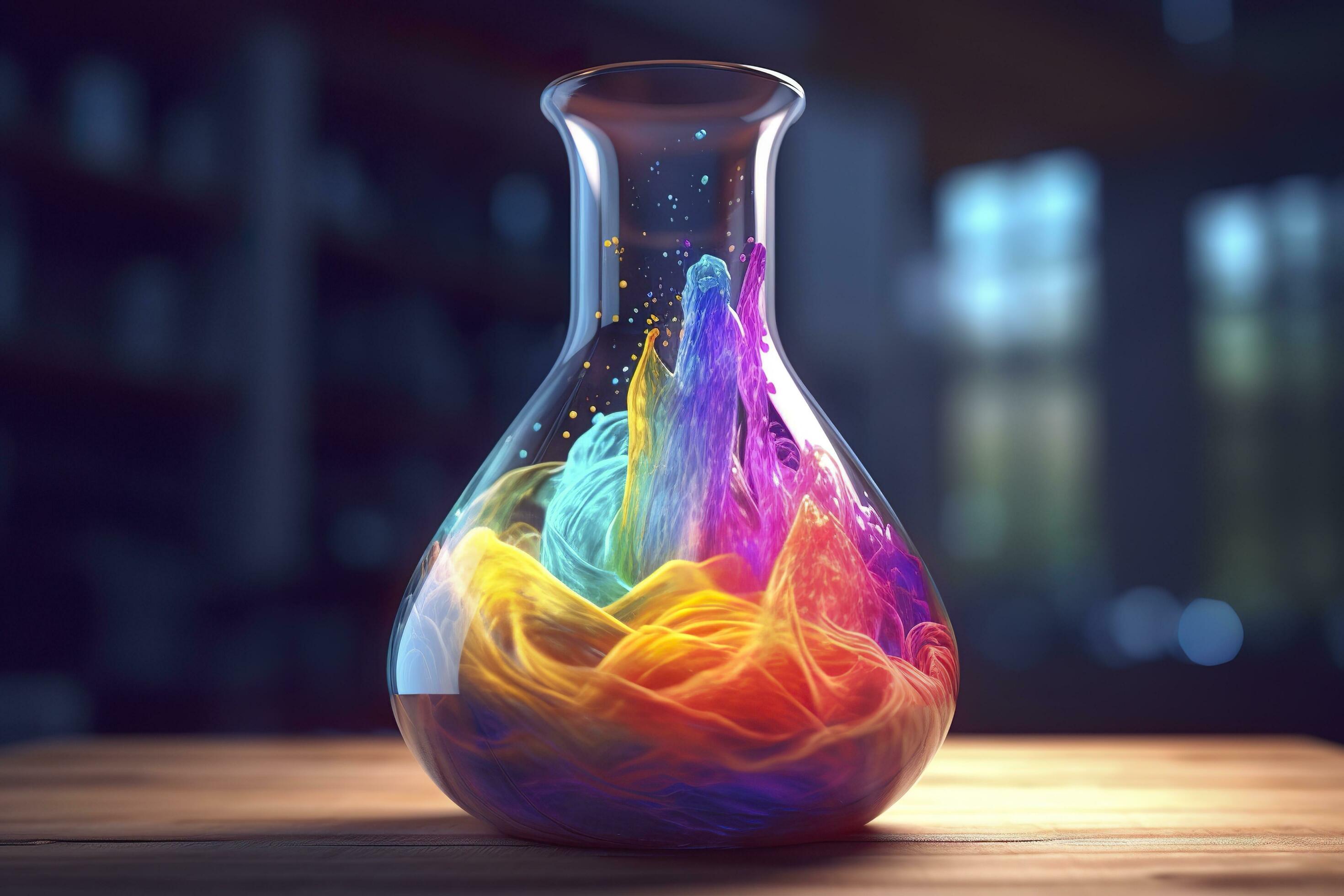 Close Up of a Science Beaker Filled with Multi Colored Liquids. AI Generative Stock Free