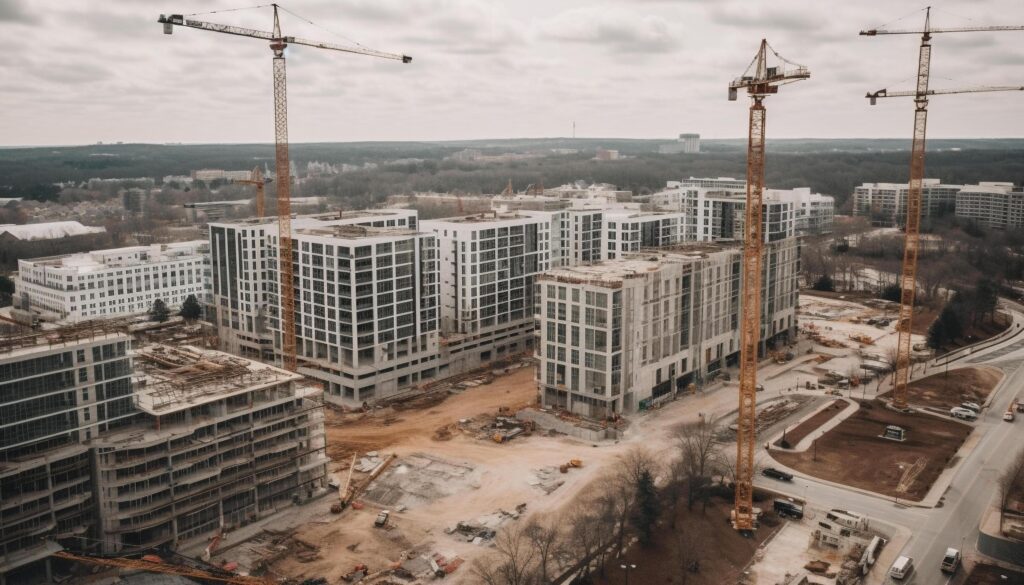 High rise skyscraper under construction, bustling with activity and growth generated by AI Stock Free