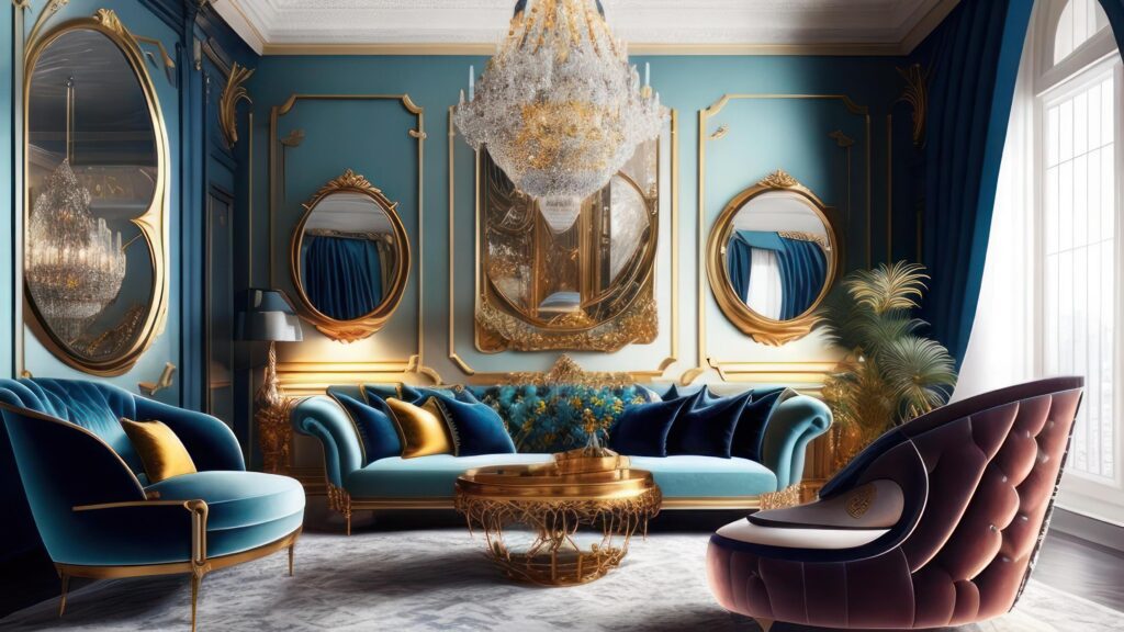 Luxury classic interior with blue sofa, armchairs and mirror. 3d render. Stock Free