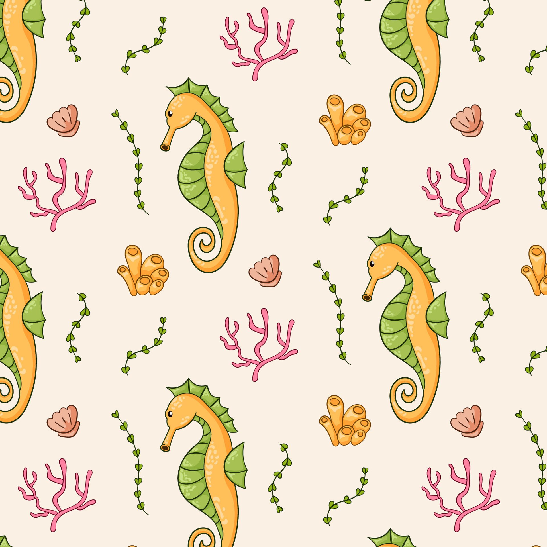 Sea horse seamless pattern in cartoon style. Undersea life background with coral, fish, seashell and seaweed. Vector illustration. Free Vector