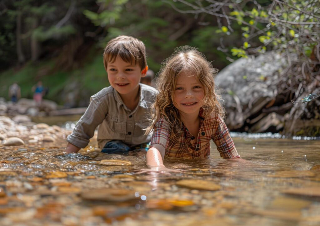 Children playing in a clear stream generated by AI. Free Photo