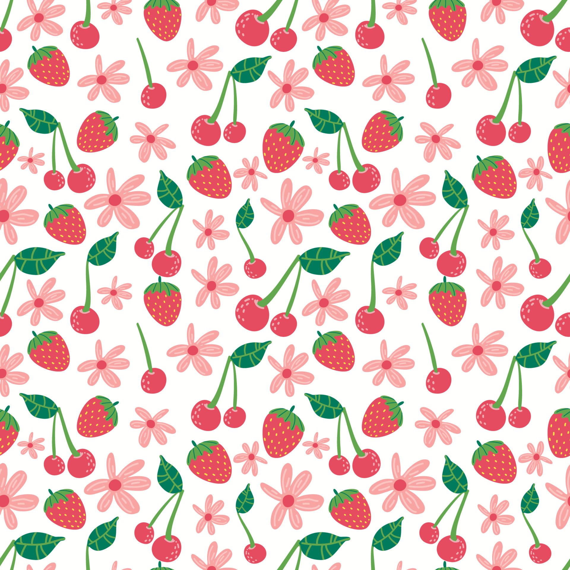 Strawberry flowers cherry seamless vector pattern. Repeating background with summer fruit. Use for fabric, gift wrap, packaging. Free Vector