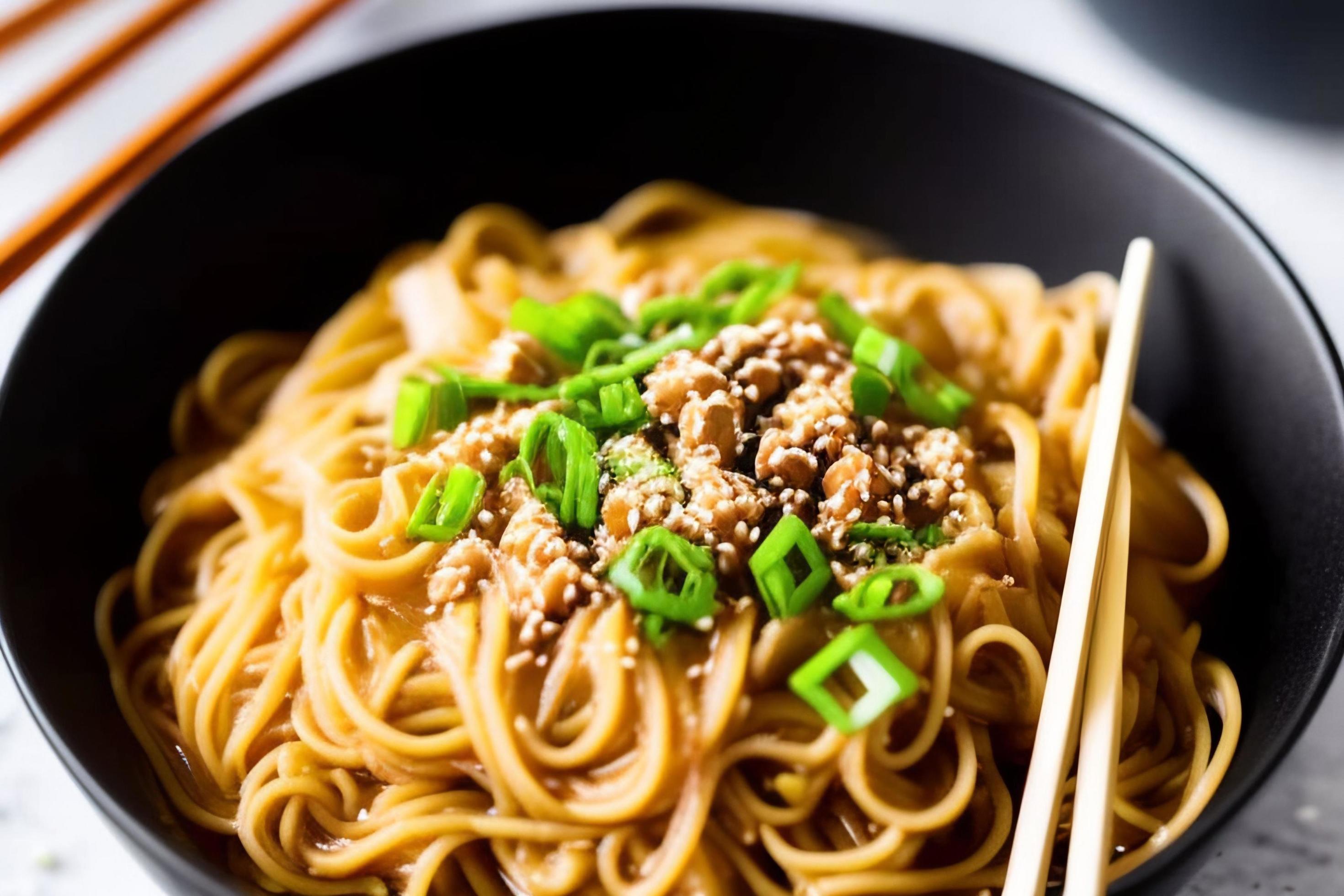 Delicious noodles. Fast food meal with appetizing pasta and chopsticks. Stock Free