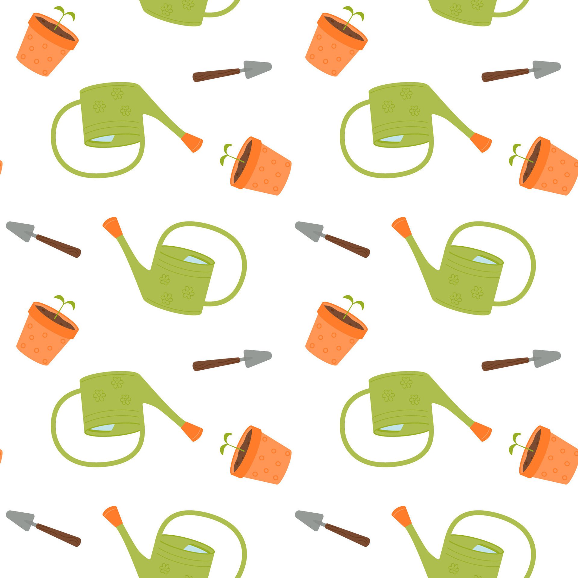 Seamless pattern with garden watering can, flower pot, shovel. Free Vector