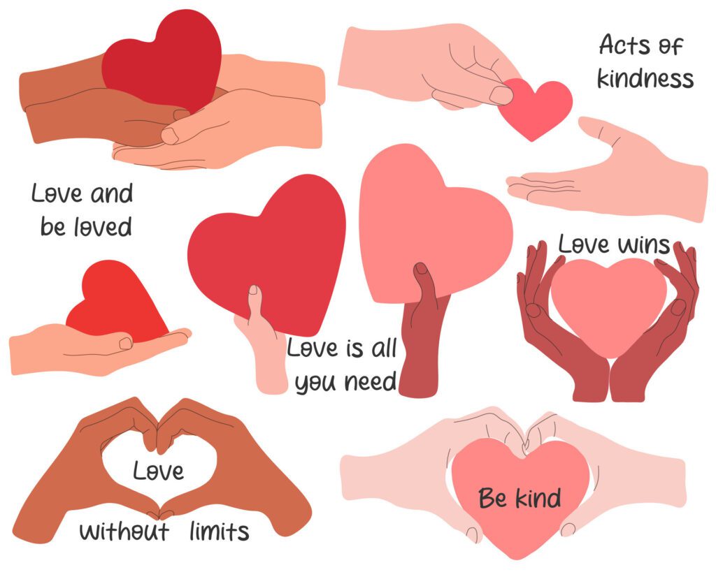 Set of hands holding heart and lettering quotes isolated on white background. Red heart in human hands. Colored flat graphic illustration. Free Vector