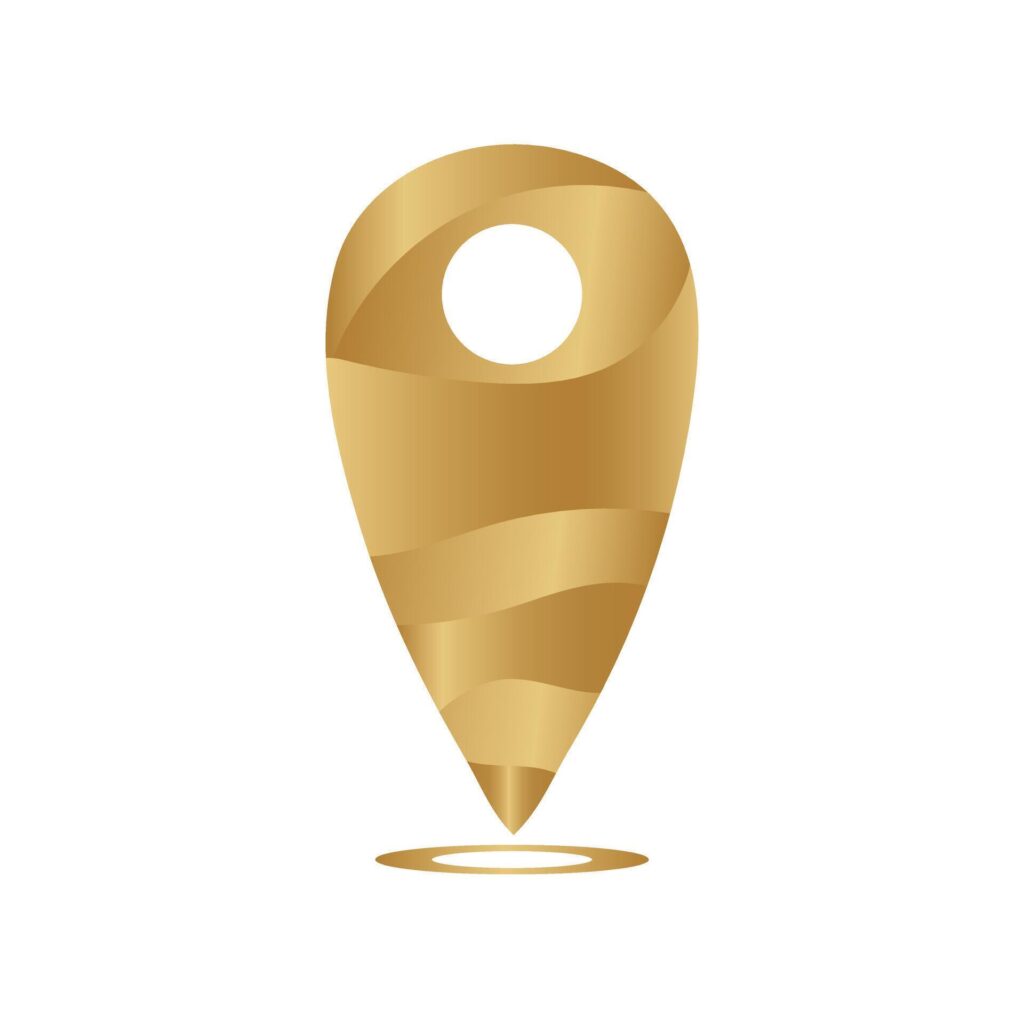 Map pointer A golden gradient pin with a white dot on it has a GPS location icon Stock Free