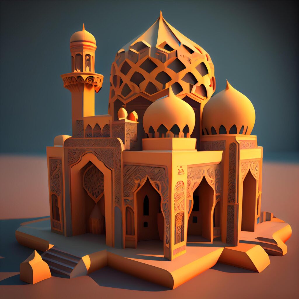 Illustration of mosque in the middle of the desert. 3D rendering, Image Stock Free