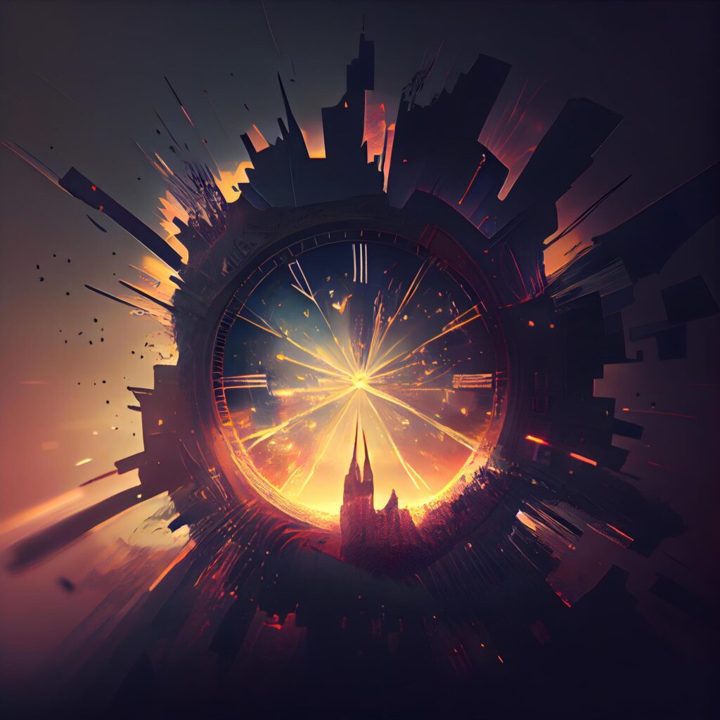 City skyline with clock and lens flare effect. Time concept. 3D Rendering, Image Stock Free