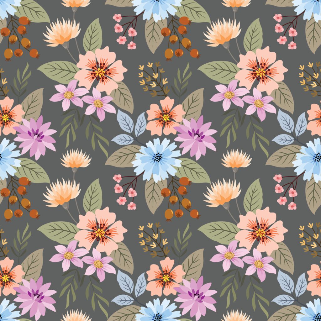 Cute colorful flowers on brown color background seamless pattern. Free Vector