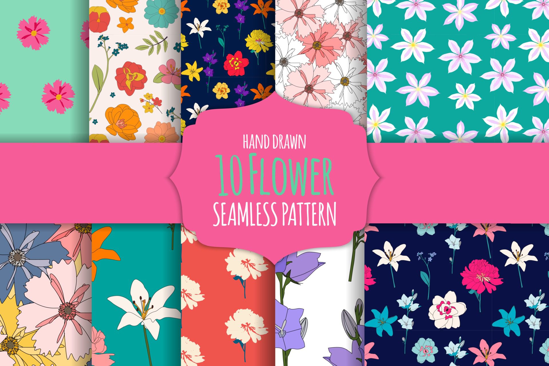 10 Hand drawn flower seamless pattern background collection set. Free Vector