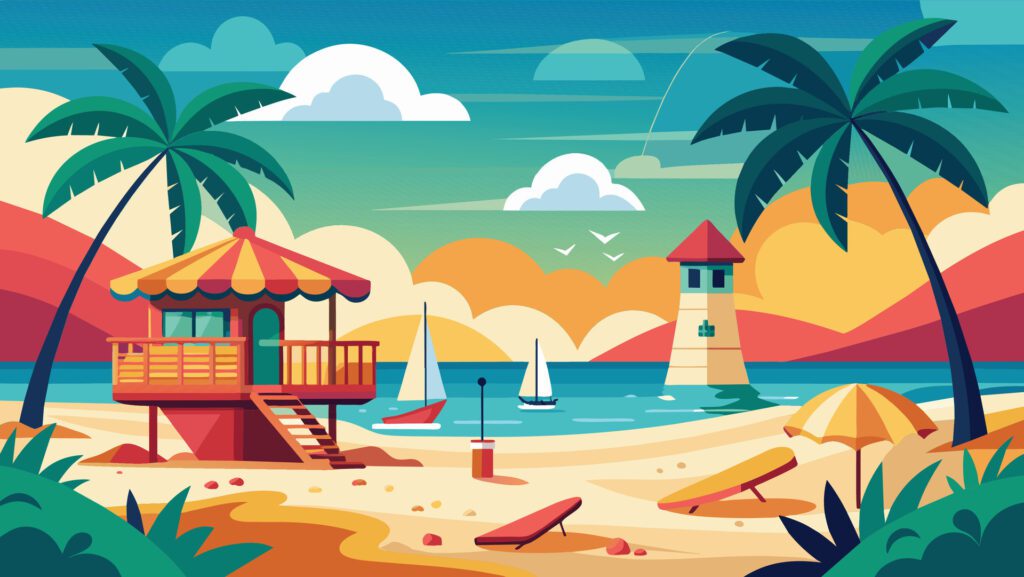 Summer beach scene banner design background Free Vector