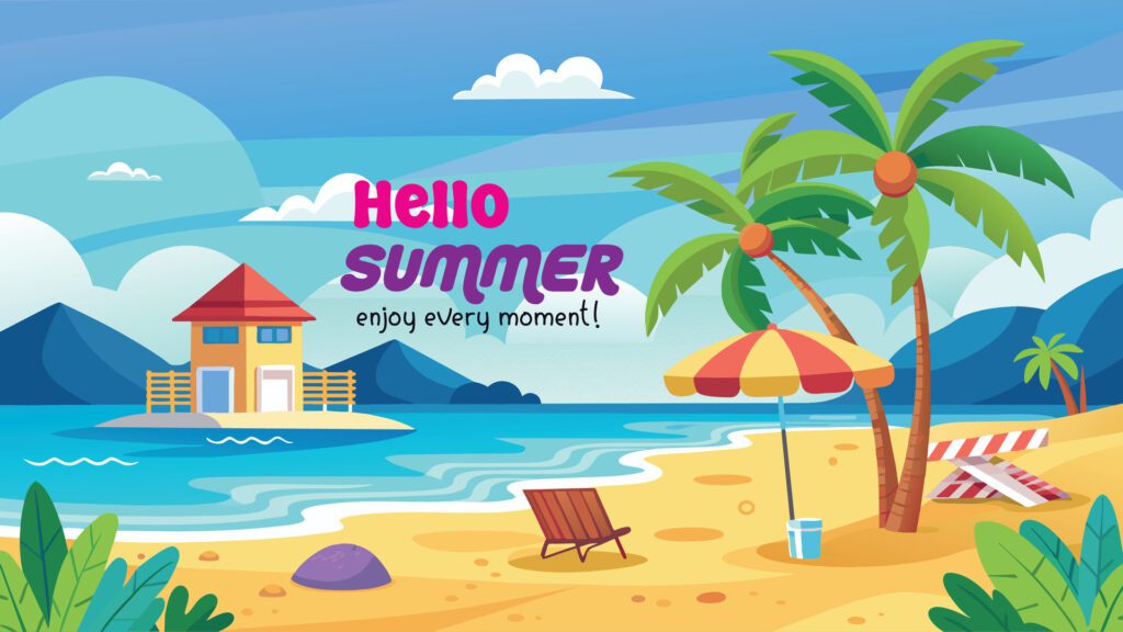 Summer beach scene banner design background Free Vector