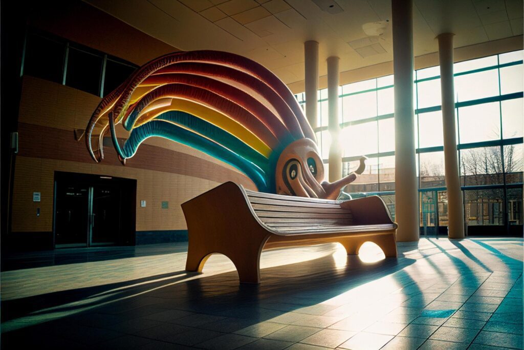 wooden bench sitting in front of a tall building. . Stock Free