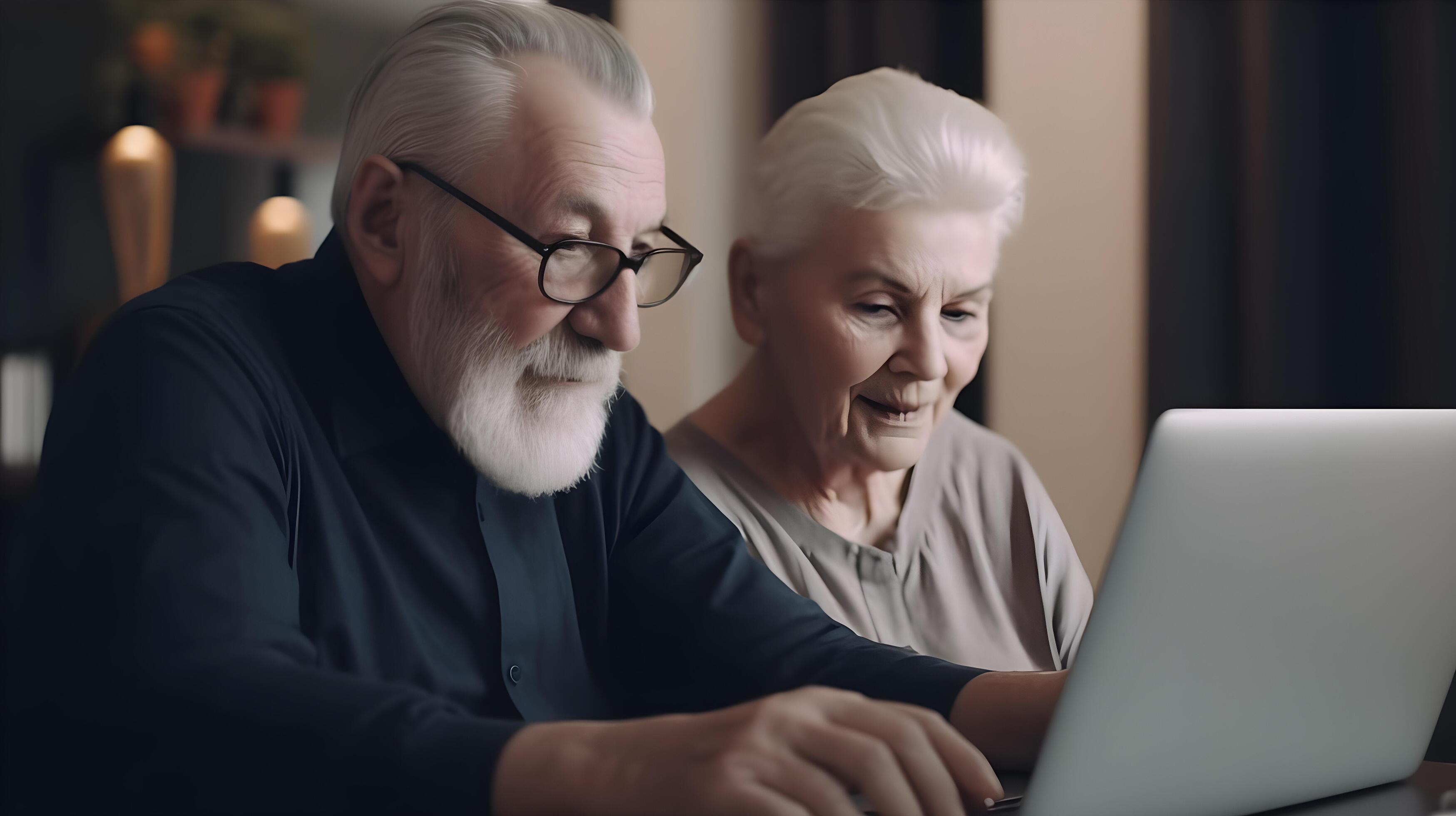 Happy Senior couple using laptop computer at home Stock Free