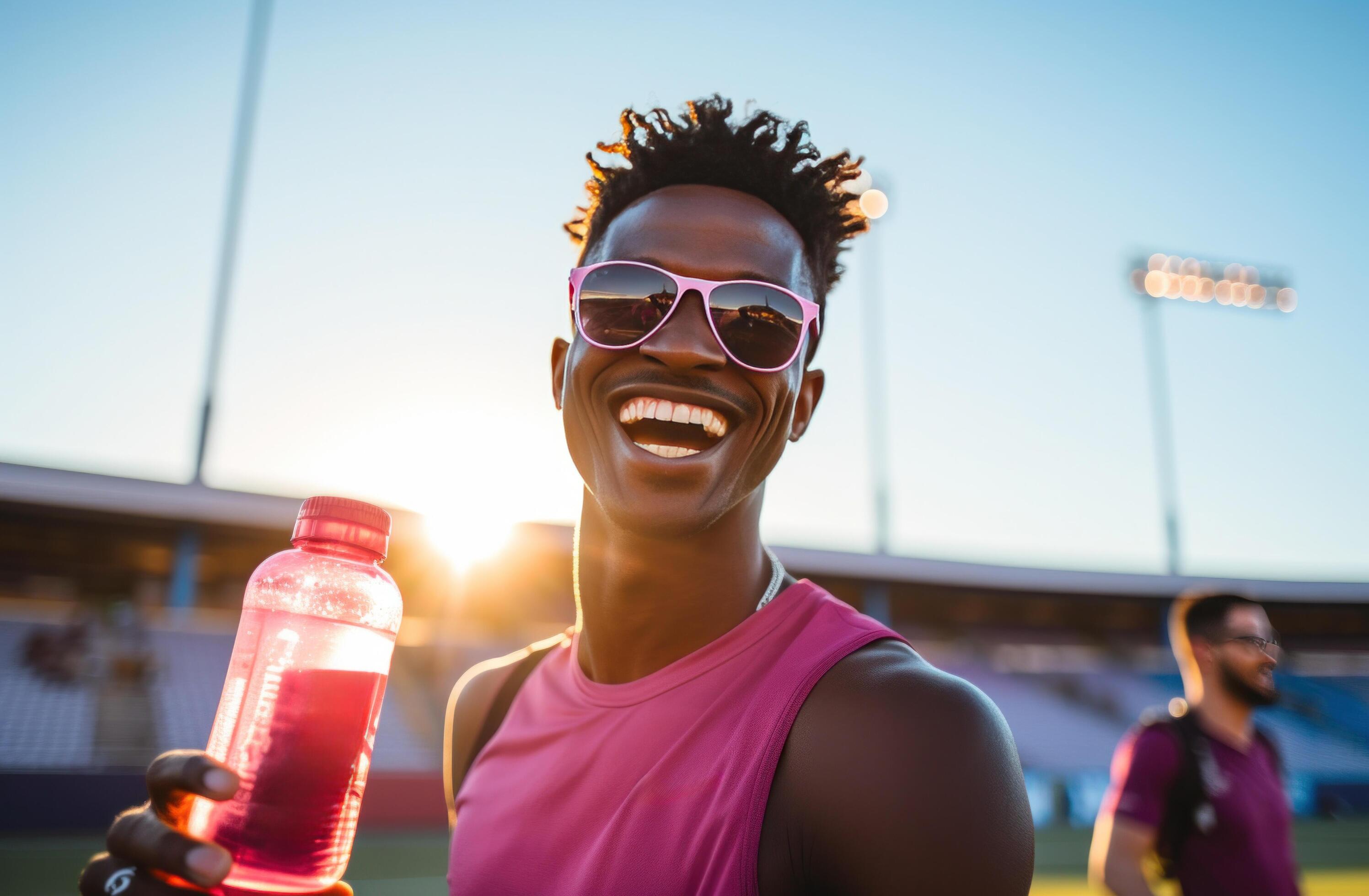 AI generated a smiling athlete is holding a sports drink Stock Free