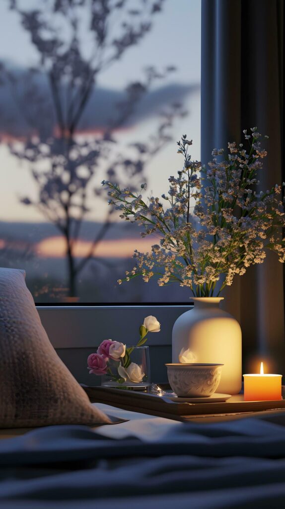 Serene Sunset View with Cozy Bedroom Decor Free Photo