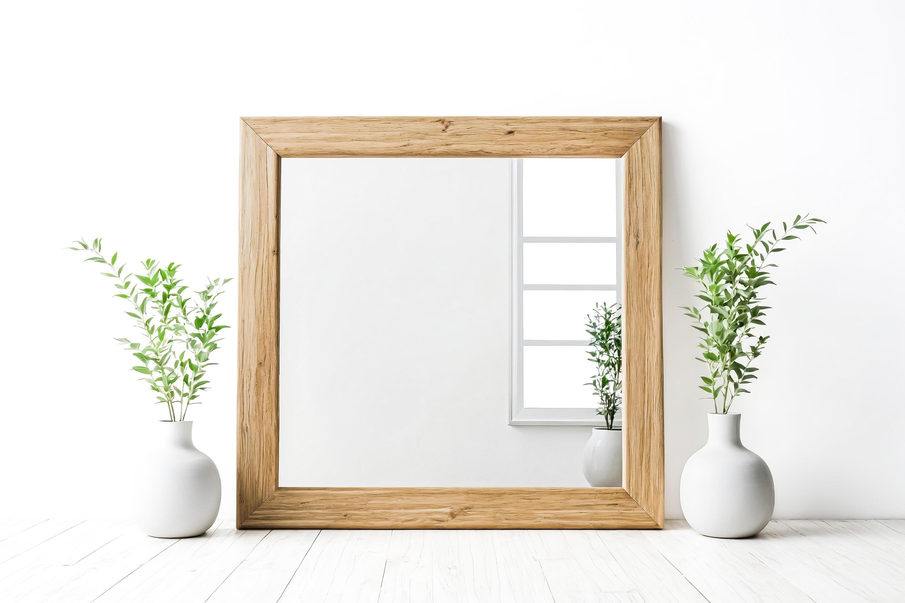 Wooden framed mirror with green plants on white background Stock Free