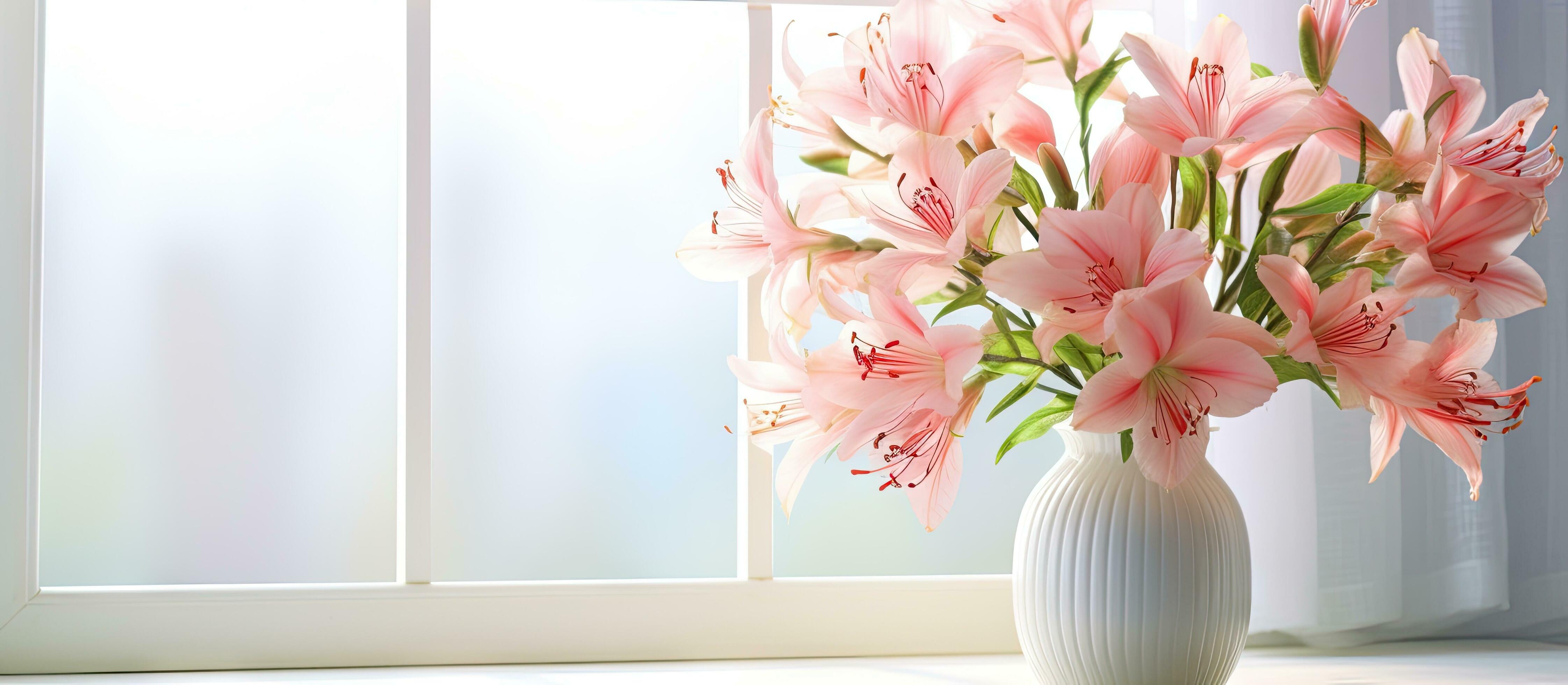 Alstroemeria flowers on windowsill with vase Stock Free