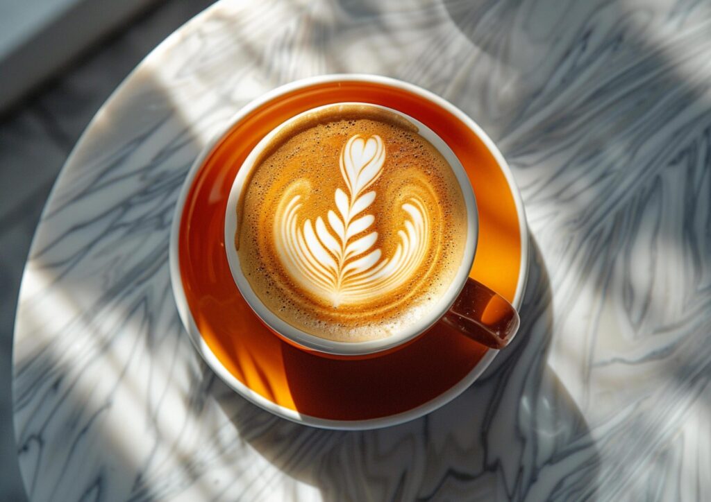 Top view of a orange cup of coffee with latte art on marble table at cafe generated by AI. Free Photo