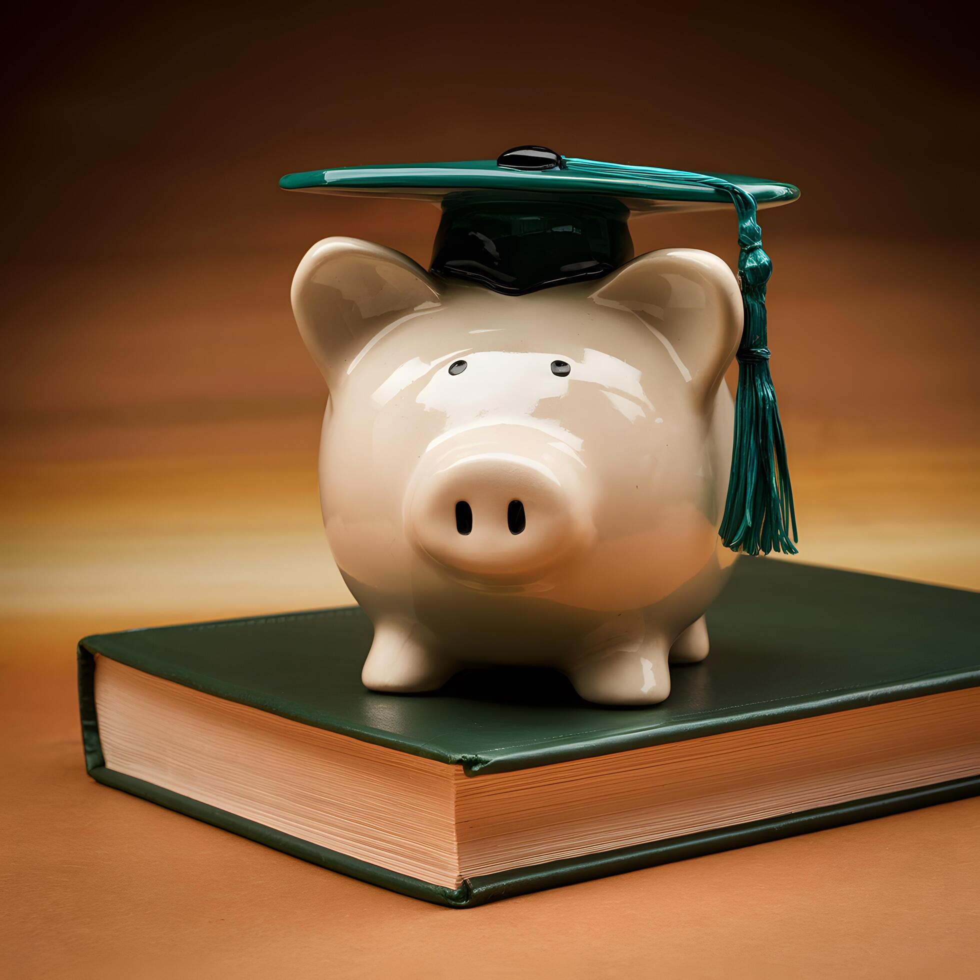 Piggy bank with graduation cap atop green book signifies education savings For Social Media Post Size Stock Free