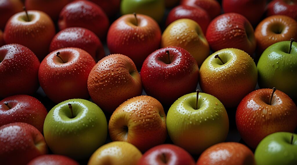 fake plastic apples, synthetically engineered in labs rather than grown from nature’s seeds background illustration. – Stock Free