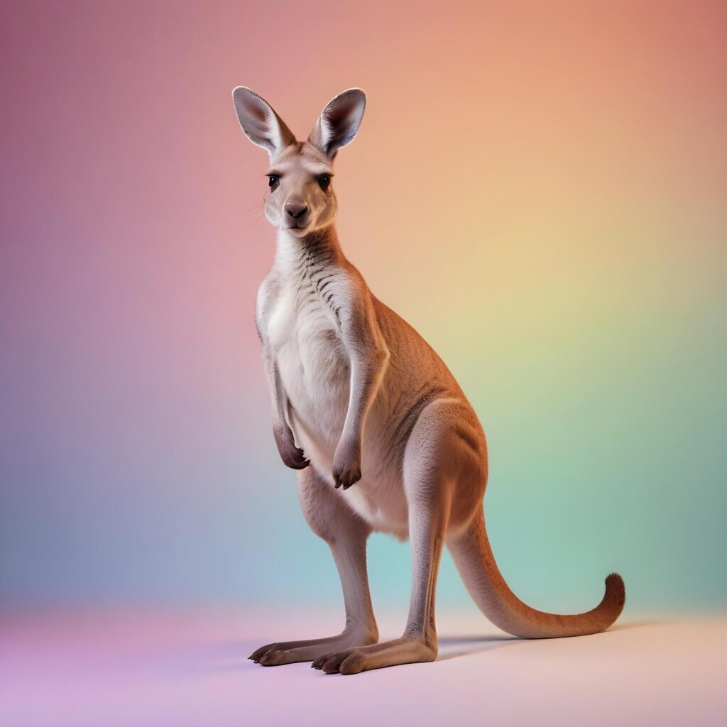 a kangaroo standing on its hind legs in front of a gray background Stock Free