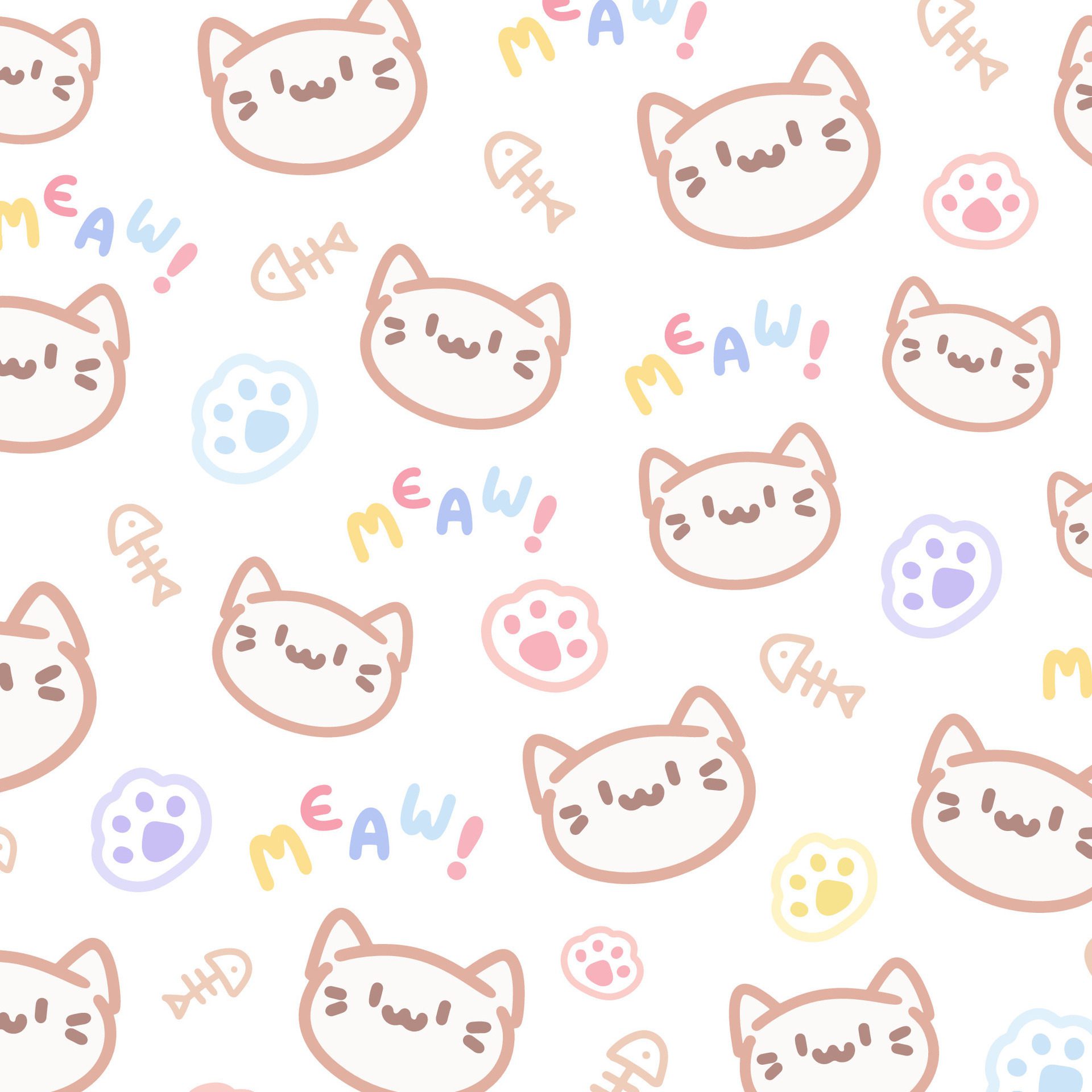 Kawaii Cute Pattern with Cat on White Background Free Vector