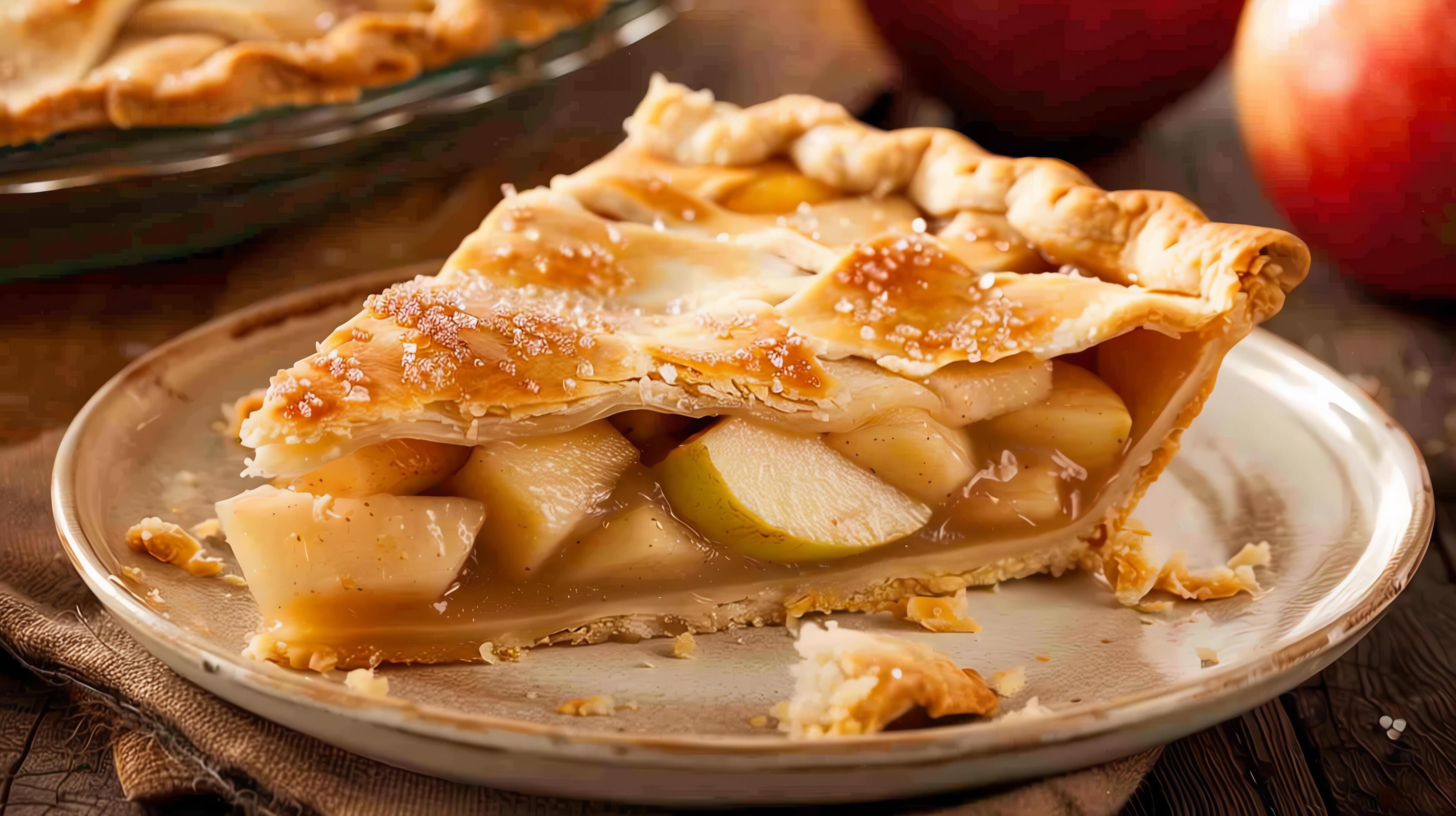 Freshly baked apple pie with golden crust, served on a ceramic plate. Stock Free