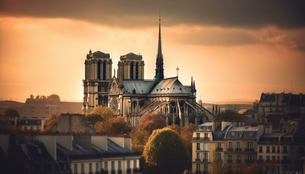 Gothic basilica illuminated at dusk, city skyline backdrop generated by AI Stock Free