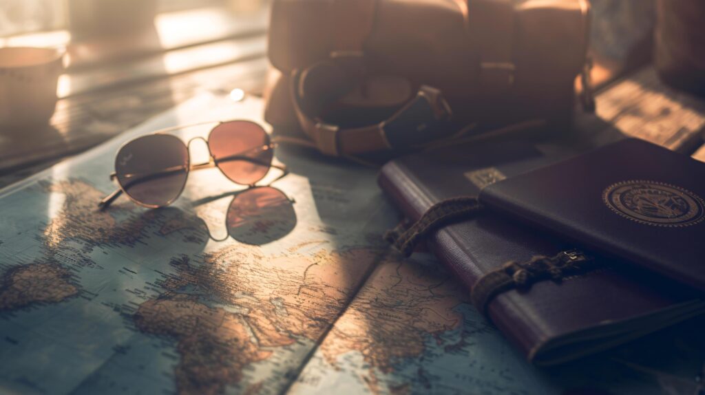 A neatly arranged composition of travel essentials, including an empty covered passport, sunglasses, and a map Stock Free