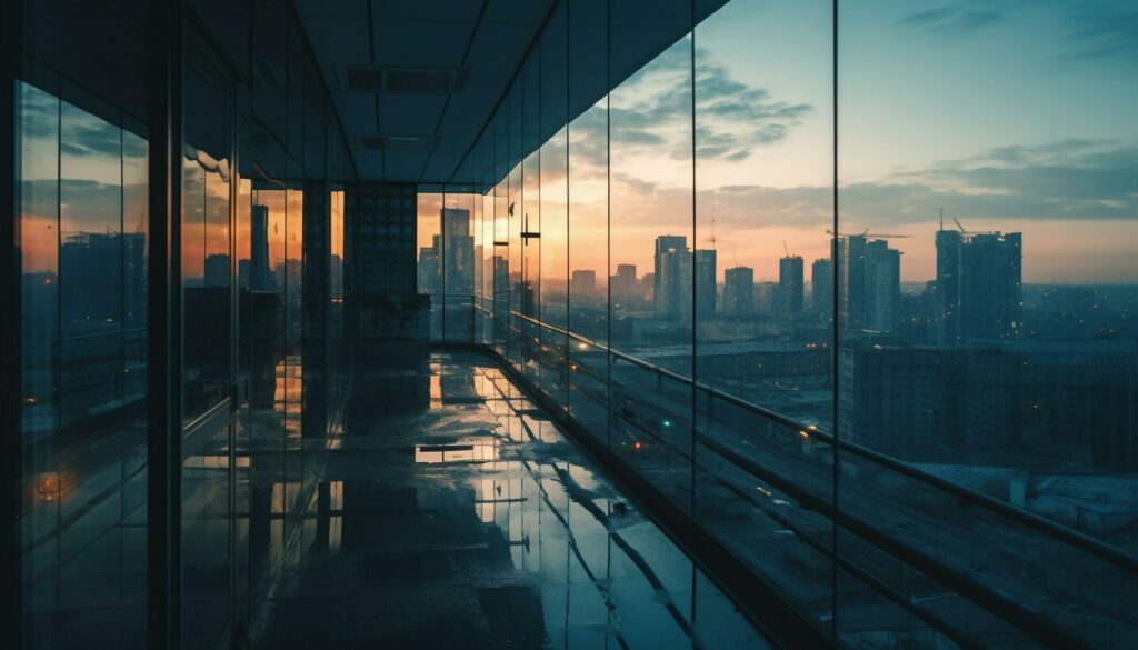 Modern city skyline reflects in glass skyscraper at dusk generated by AI Stock Free