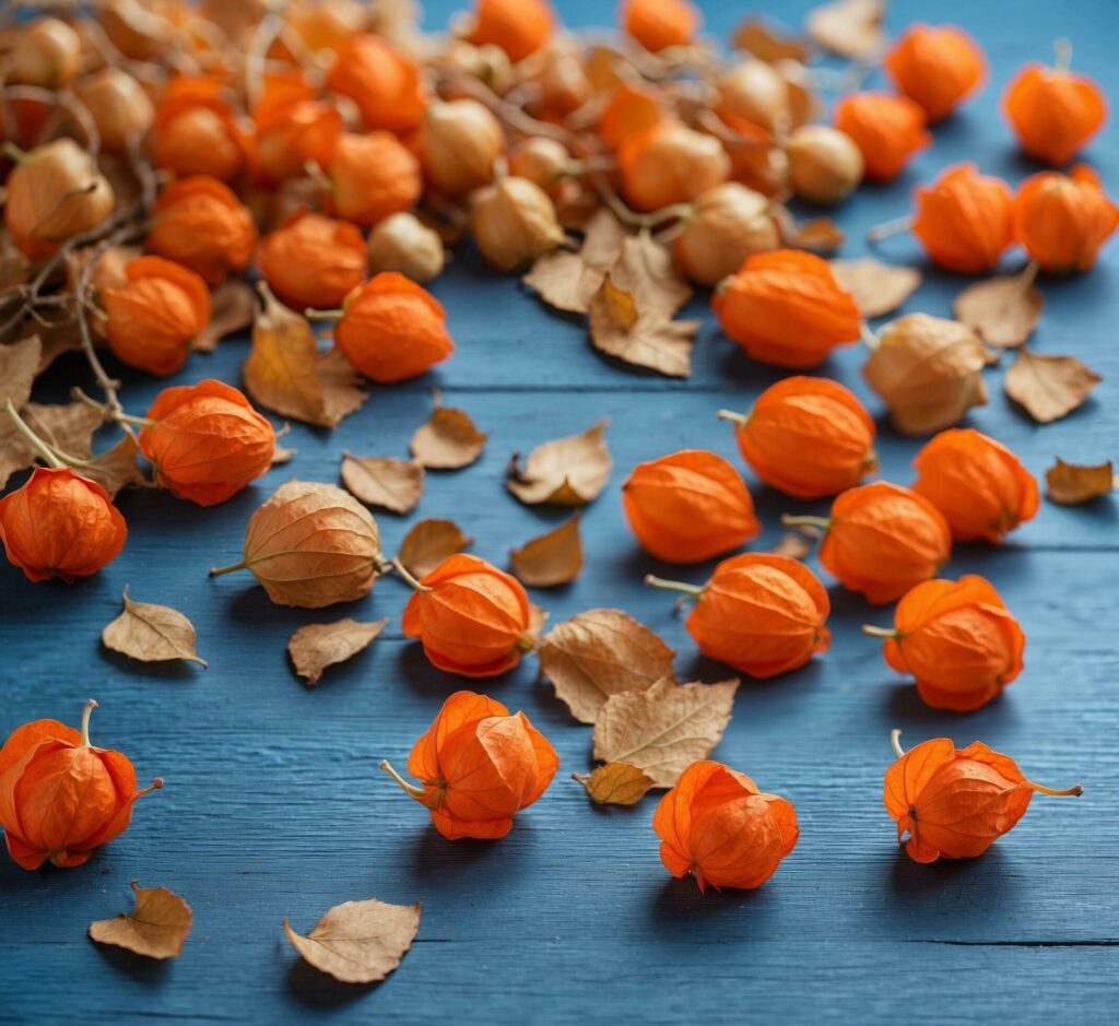 Physalis on a blue wooden background. Copy space, selective focus. Free Photo