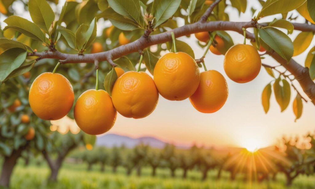 orange on a tree branch in the garden at sunset Free Photo