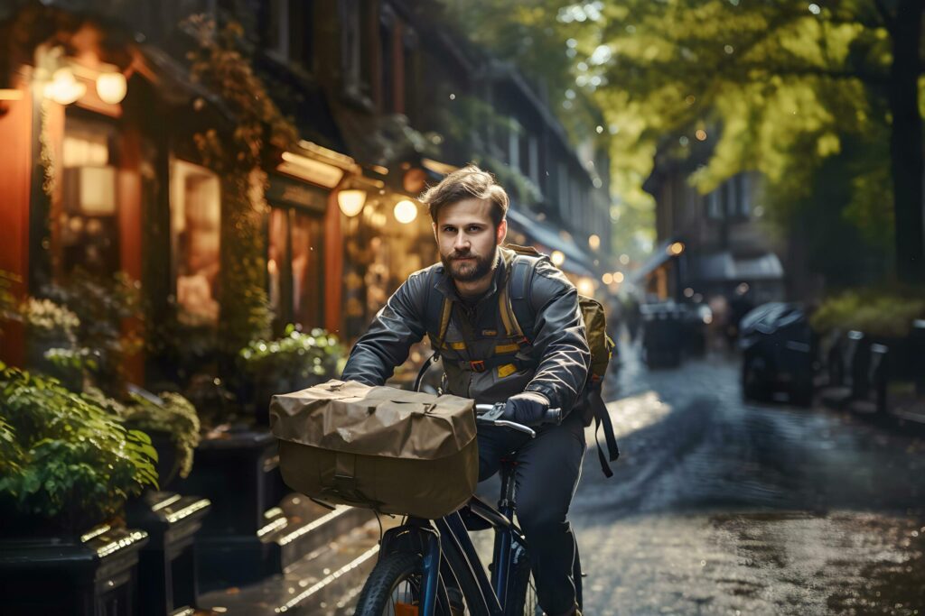 Caucasian Young delivery man riding motorcycle delivering food in the city. AI Generated Free Photo