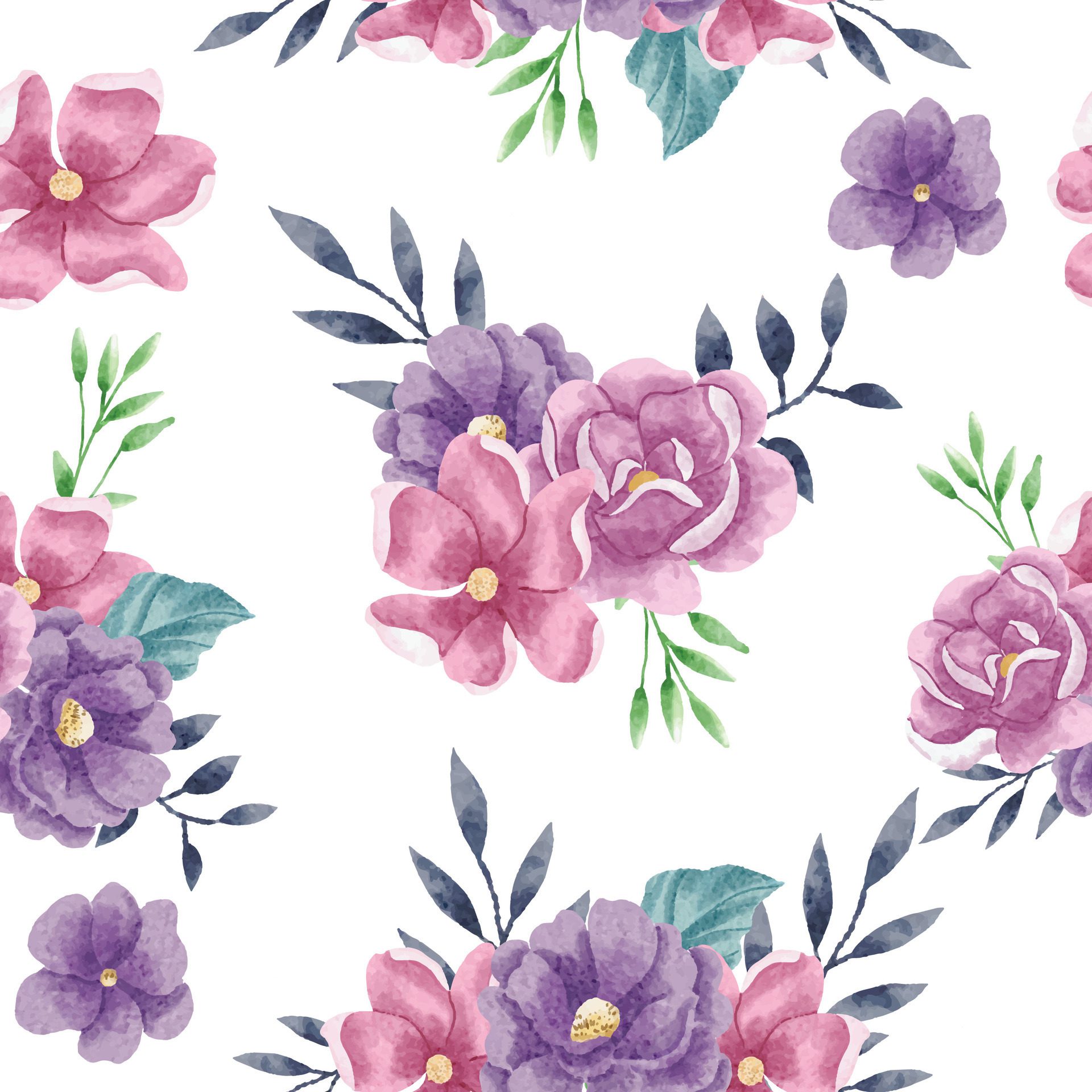 Pink and Purple Rose Watercolor Flower Seamless Pattern Free Vector