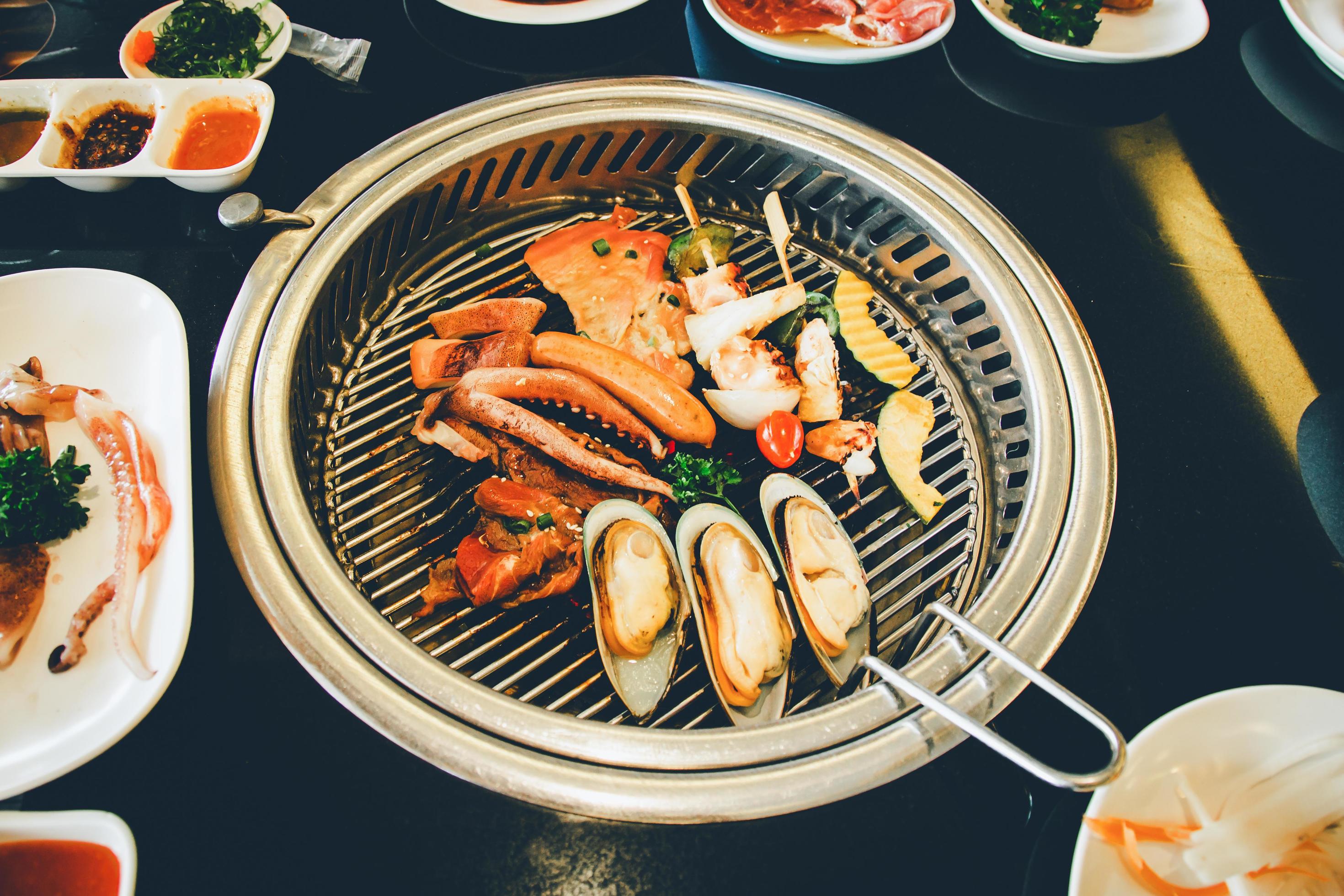 Food on Korean BBQ grill, meat and vegetable Stock Free